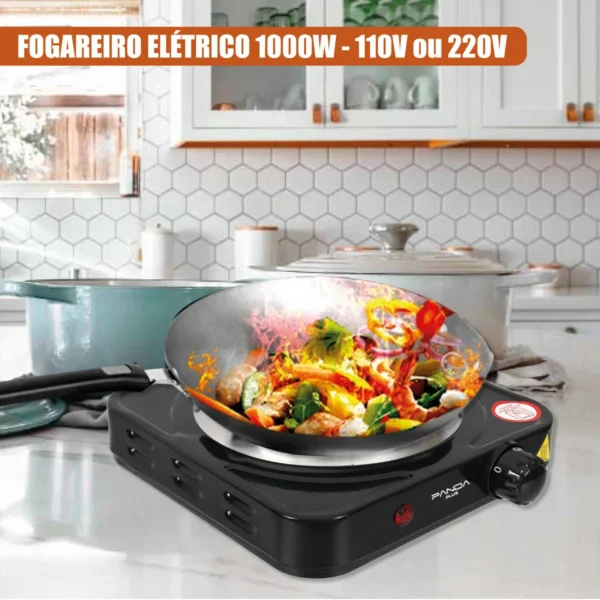 Fogão Elétrico Portátil 1 Boca - Cooktop de Mesa 1000W, Preto/Branco