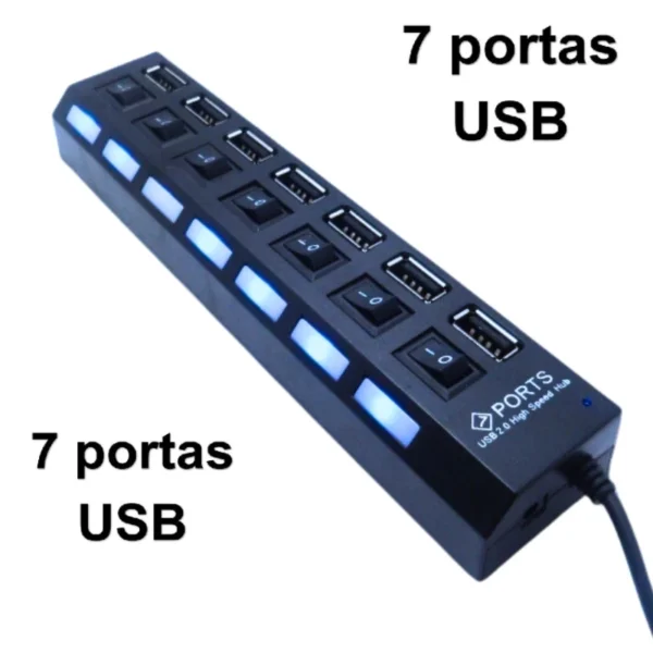 Hub USB 7 Portas 2.0 com Botão Liga/Desliga Ultra Rápido